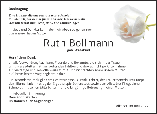 Traueranzeige von Ruth Bollmann von Trauerkombi Sangerhausen