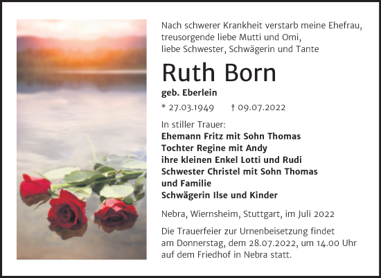 Traueranzeige von Ruth Born von Naumburger Tageblatt