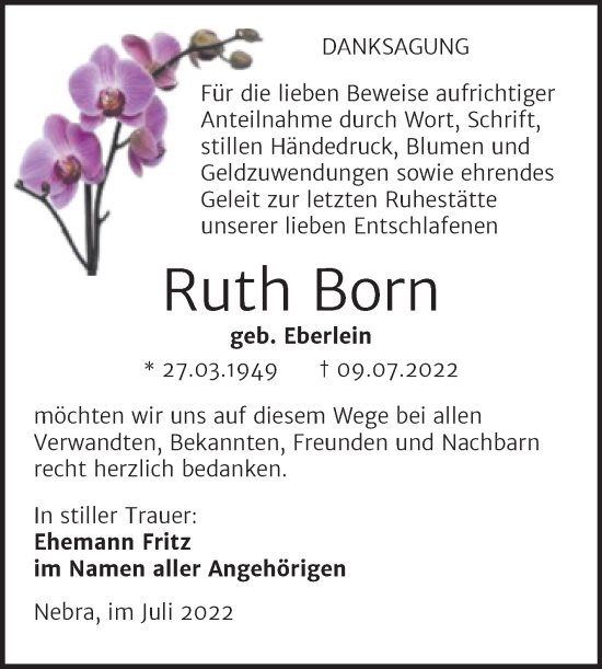Traueranzeige von Ruth Born von Naumburger Tageblatt