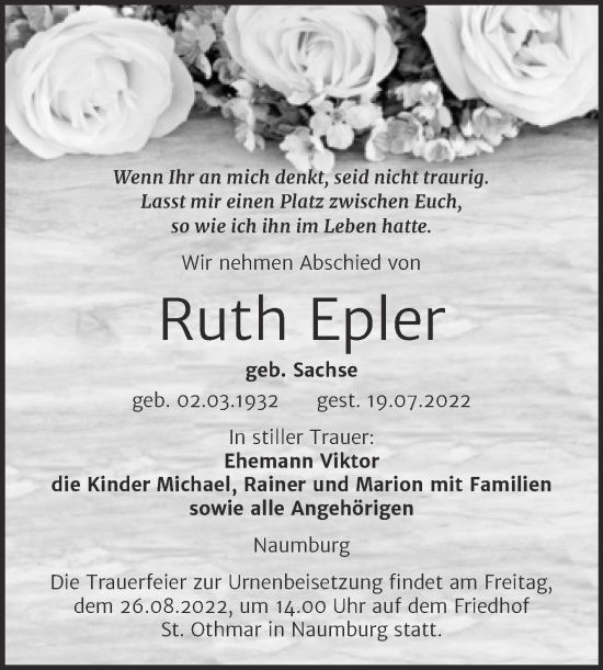 Traueranzeige von Ruth Epler von Wochenspiegel Naumburg/Nebra
