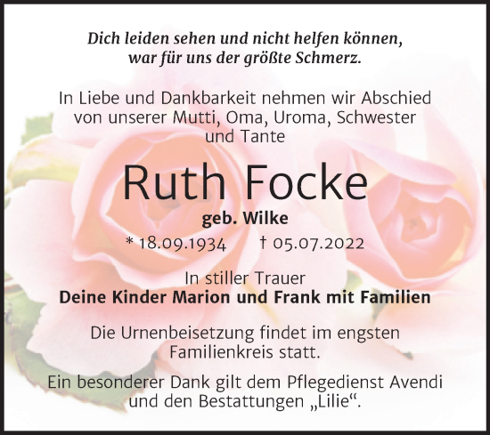 Traueranzeige von Ruth Focke von Trauerkombi Dessau