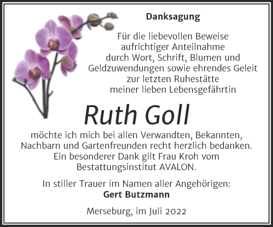 Traueranzeige von Ruth Goll von Trauerkombi Merseburg