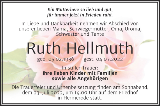 Traueranzeige von Ruth Hellmuth von Trauerkombi Mansfelder Land