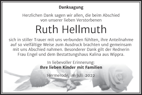 Traueranzeige von Ruth Hellmuth von Trauerkombi Mansfelder Land