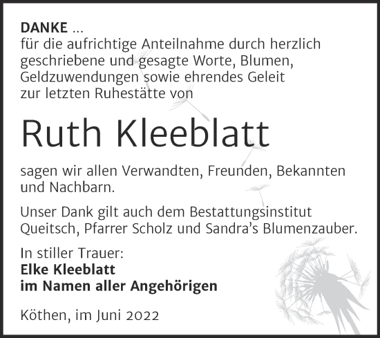 Traueranzeige von Ruth Kleeblatt von Trauerkombi Köthen