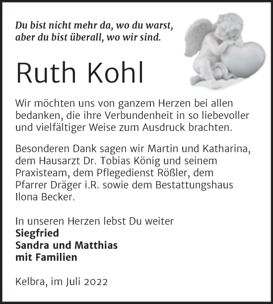 Traueranzeige von Ruth Kohl von Trauerkombi Sangerhausen