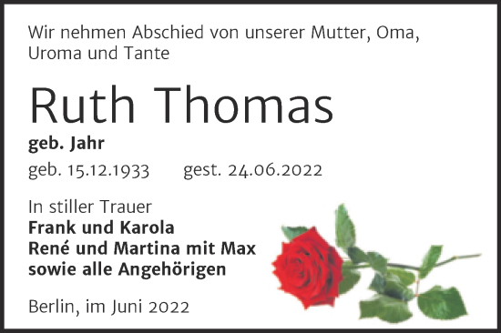 Traueranzeige von Ruth Thomas von Trauerkombi Zeitz