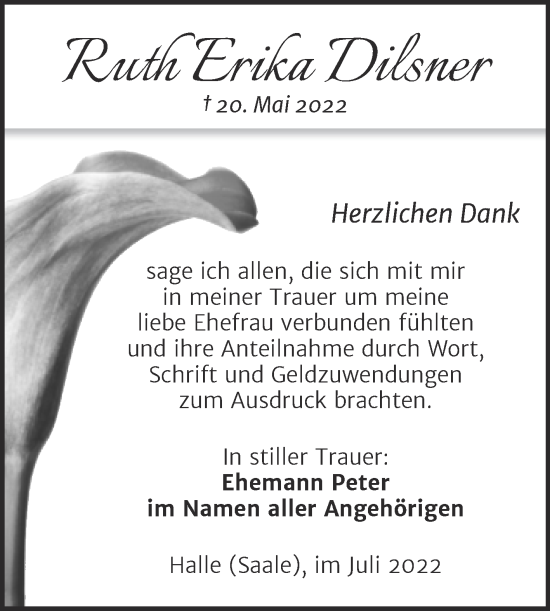 Traueranzeige von Ruth Erika Dilsner von Mitteldeutsche Zeitung Halle/Saalkreis