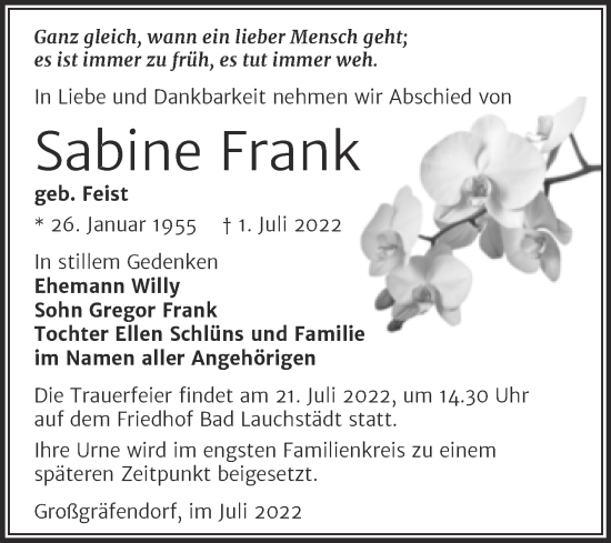 Traueranzeige von Sabine Frank von Trauerkombi Merseburg