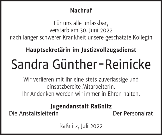 Traueranzeige von Sandra Günther-Reinicke von Mitteldeutsche Zeitung Halle/Saalkreis
