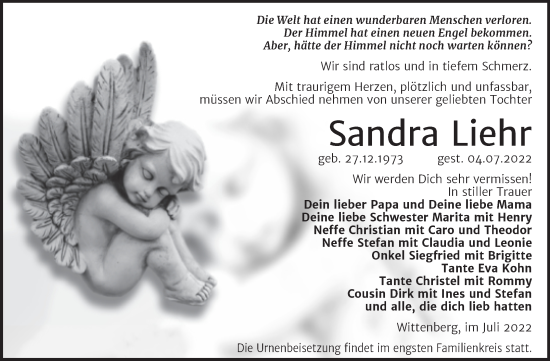 Traueranzeige von Sandra Liehr von Trauerkombi Wittenberg