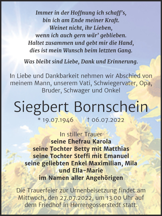 Traueranzeige von Siegbert Bornschein von Wochenspiegel Naumburg/Nebra