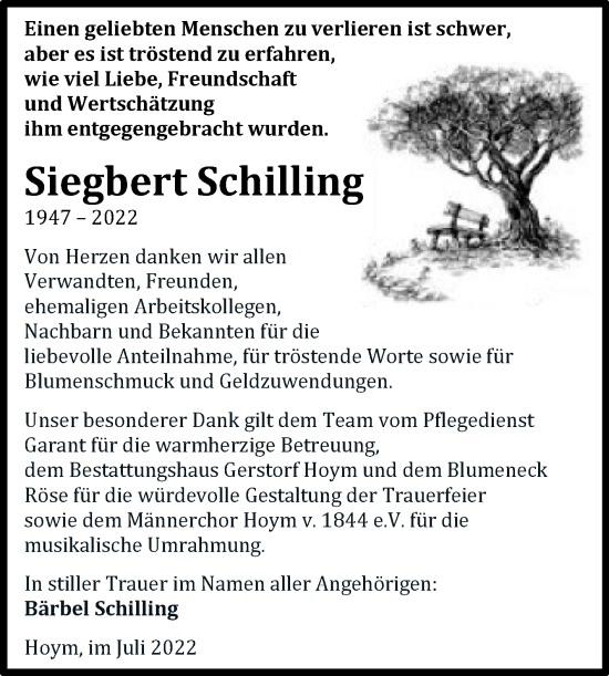 Traueranzeige von Siegbert Schilling von Trauerkombi Aschersleben