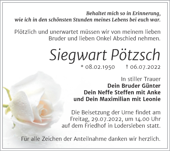 Traueranzeige von Siegwart Pötzsch von Trauerkombi Merseburg