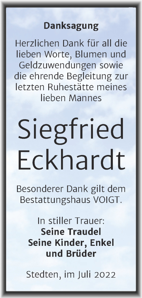 Traueranzeige von Siegfried Eckhardt von Trauerkombi Mansfelder Land