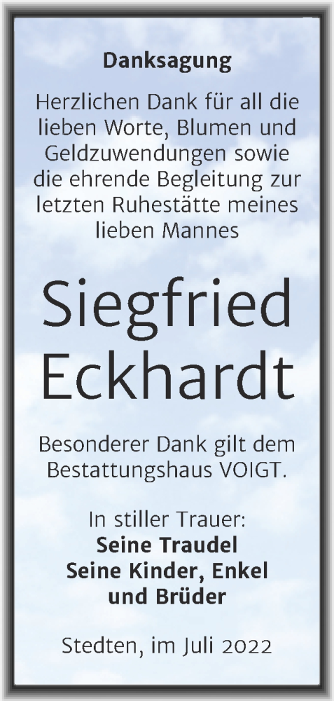  Traueranzeige für Siegfried Eckhardt vom 16.07.2022 aus Trauerkombi Mansfelder Land