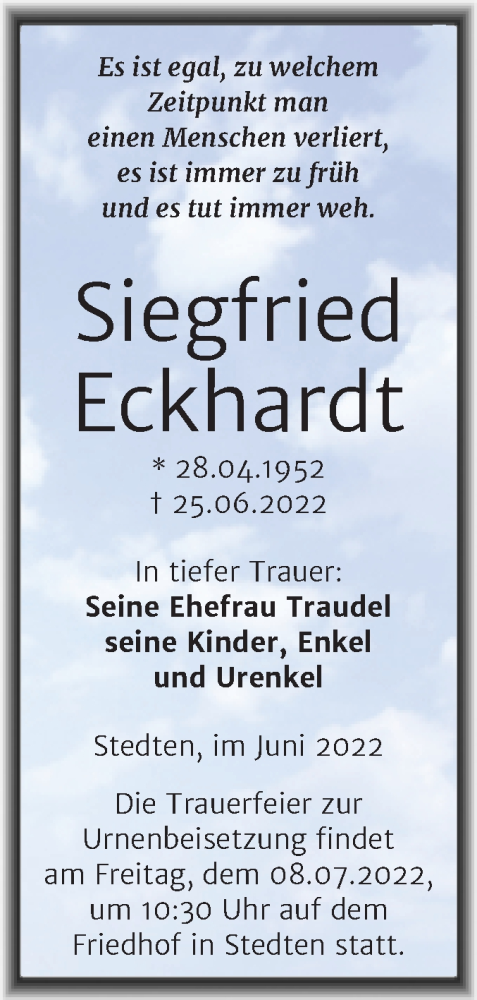  Traueranzeige für Siegfried Eckhardt vom 02.07.2022 aus Trauerkombi Mansfelder Land