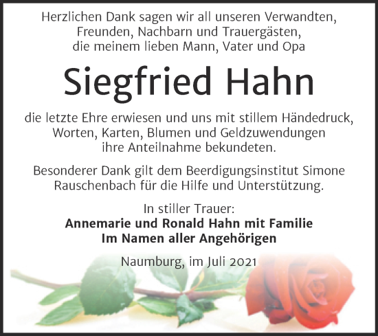 Traueranzeige von Siegfried Hahn von Naumburger Tageblatt