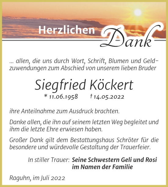 Traueranzeige von Siegfried Köckert von Trauerkombi Bitterfeld