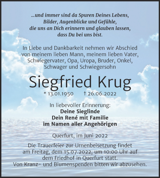 Traueranzeige von Siegfried Krug von Trauerkombi Merseburg