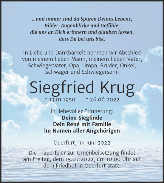 Traueranzeige von Siegfried Krug von Trauerkombi Merseburg