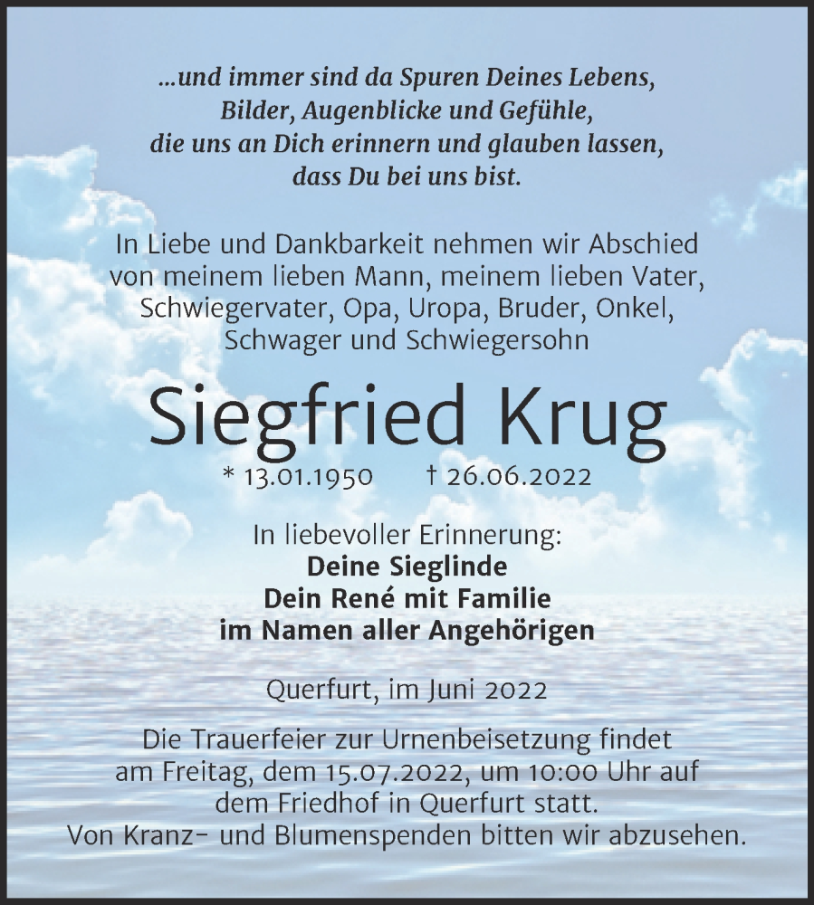  Traueranzeige für Siegfried Krug vom 07.07.2022 aus Trauerkombi Merseburg