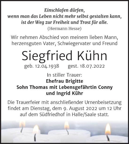 Traueranzeige von Siegfried Kühn von Mitteldeutsche Zeitung Halle/Saalkreis
