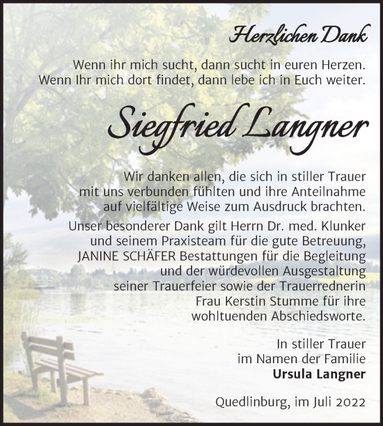 Traueranzeige von Siegfried Langner von Trauerkombi Quedlinburg
