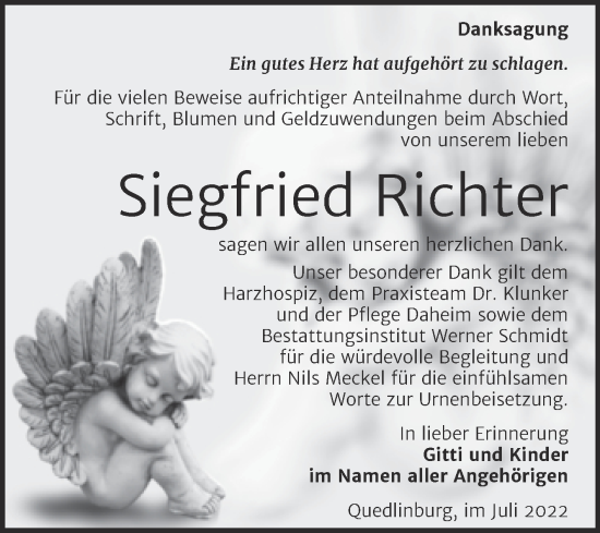Traueranzeige von Siegfried Richter von Trauerkombi Quedlinburg