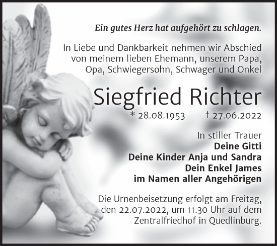 Traueranzeige von Siegfried Richter von Trauerkombi Quedlinburg