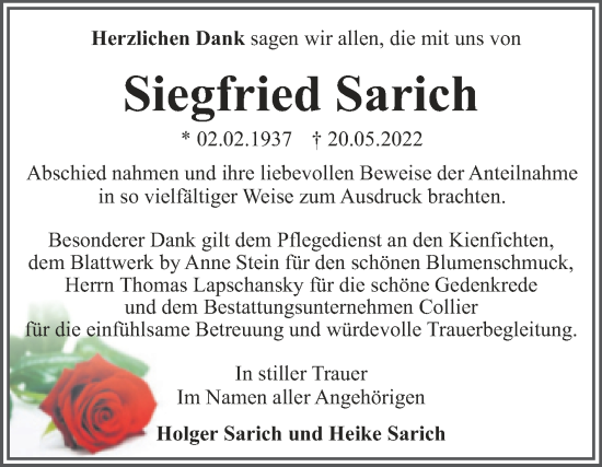 Traueranzeige von Siegfried Sarich von Trauerkombi Dessau