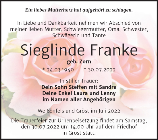 Traueranzeige von Sieglinde Franke von Trauerkombi Weißenfels