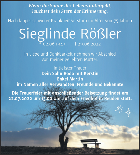 Traueranzeige von Sieglinde Rößler von Trauerkombi Bitterfeld