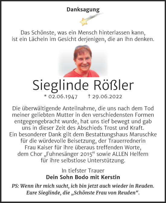 Traueranzeige von Sieglinde Rößler von Trauerkombi Bitterfeld