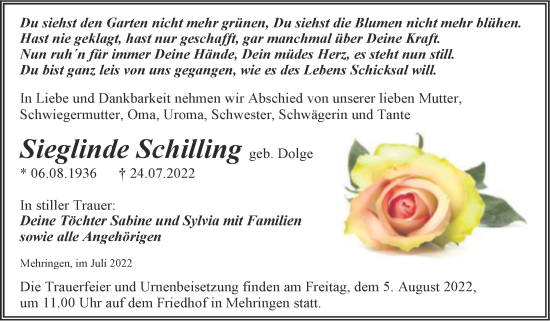 Traueranzeige von Sieglinde Schilling von Trauerkombi Aschersleben