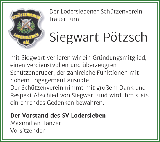 Traueranzeige von Siegwart Pötzsch von Trauerkombi Merseburg
