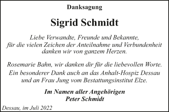 Traueranzeige von Sigrid Schmidt von Trauerkombi Dessau