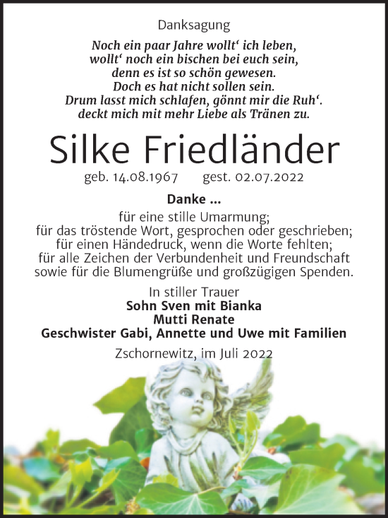 Traueranzeige von Silke Friedländer von Trauerkombi Wittenberg