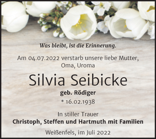 Traueranzeige von Silvia Seibicke von Trauerkombi Weißenfels