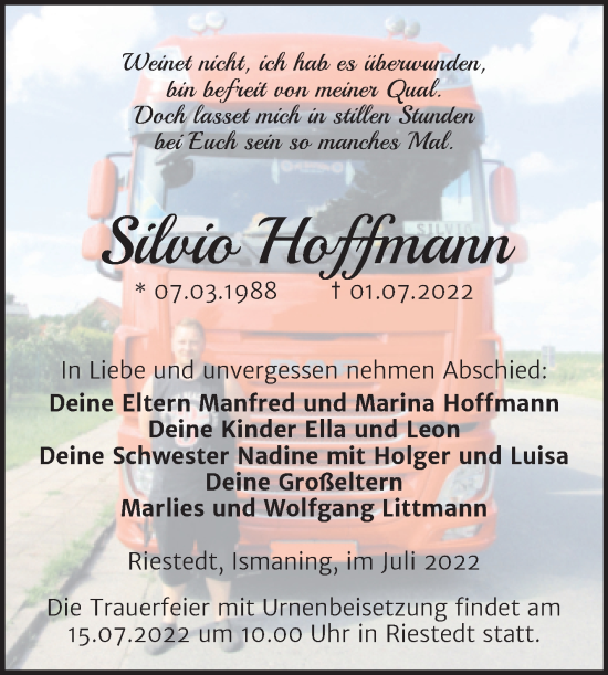 Traueranzeige von Silvio Hoffmann von Trauerkombi Sangerhausen