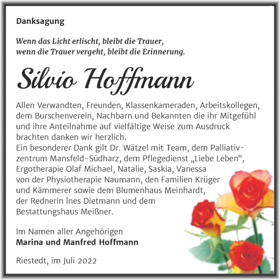 Traueranzeige von Silvio Hoffmann von Trauerkombi Sangerhausen