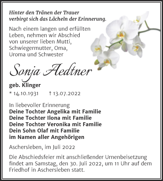 Traueranzeige von Sonja Aedtner von Trauerkombi Aschersleben