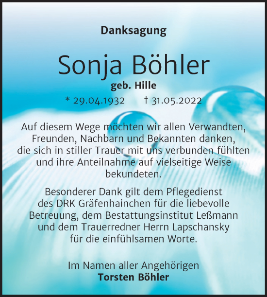 Traueranzeige von Sonja Böhler von Trauerkombi Wittenberg