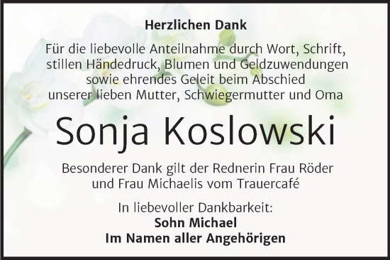 Traueranzeige von Sonja Koslowski von Trauerkombi Merseburg