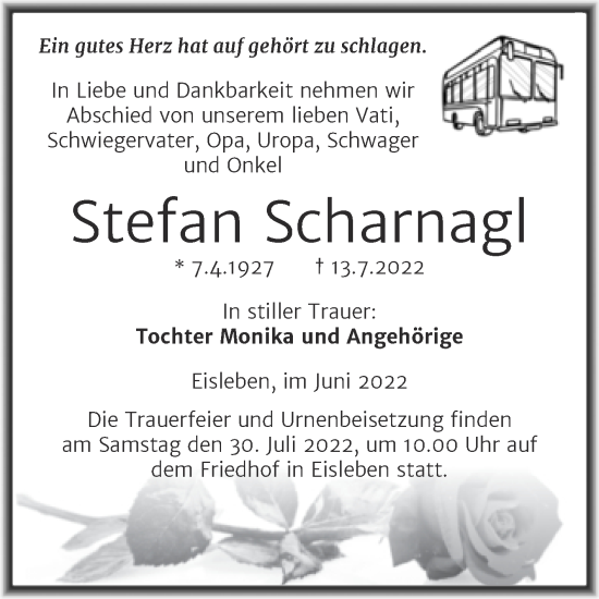 Traueranzeige von Stefan Scharnagl von Trauerkombi Mansfelder Land