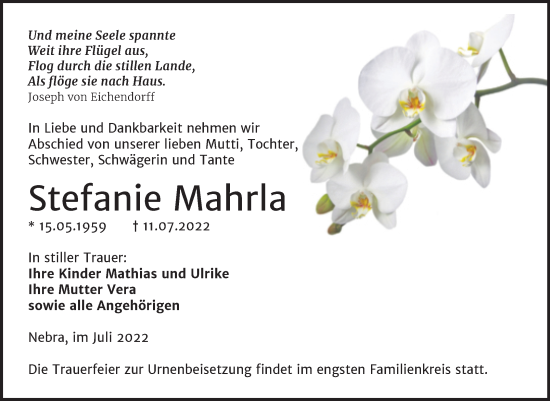 Traueranzeige von Stefanie Mahrla von Wochenspiegel Naumburg/Nebra