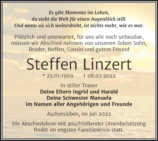 Traueranzeige von Steffen Linzert von Trauerkombi Aschersleben