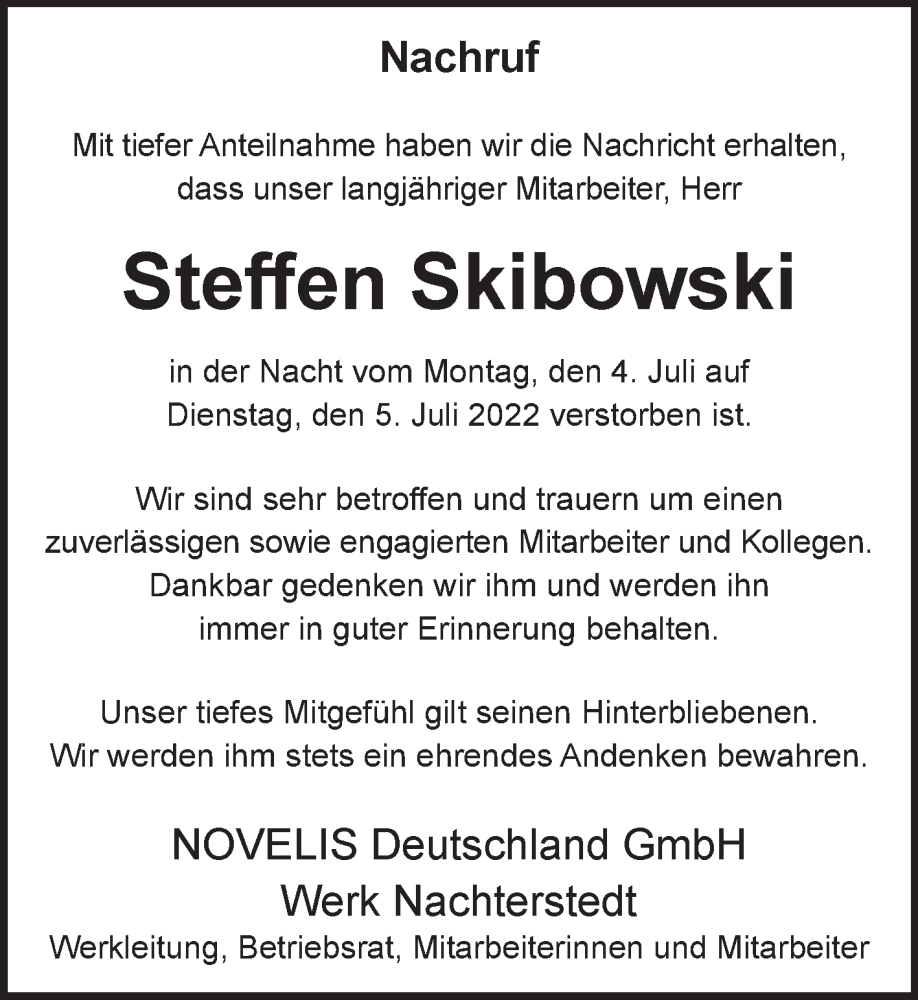  Traueranzeige für Steffen Skibowski vom 16.07.2022 aus Mitteldeutsche Zeitung Aschersleben
