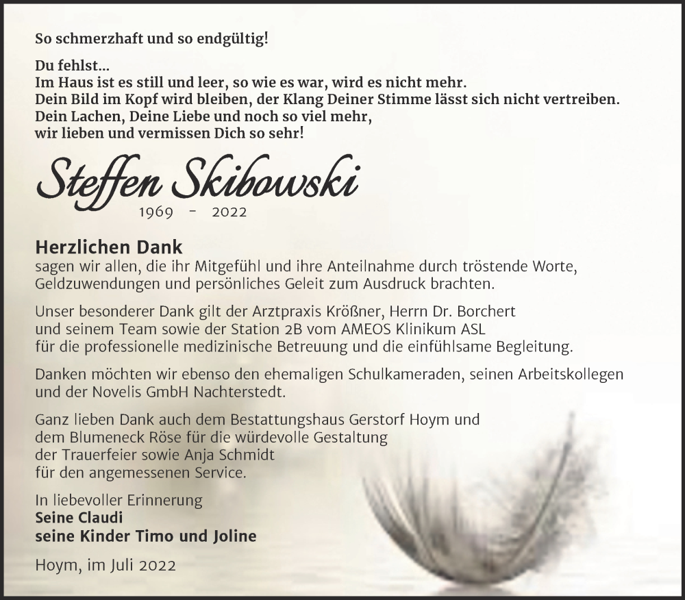  Traueranzeige für Steffen Skibowski vom 30.07.2022 aus Trauerkombi Aschersleben