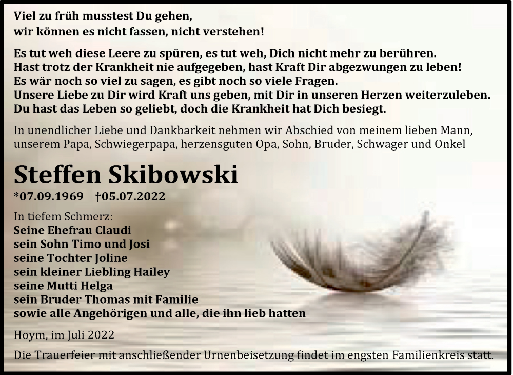  Traueranzeige für Steffen Skibowski vom 09.07.2022 aus Trauerkombi Aschersleben